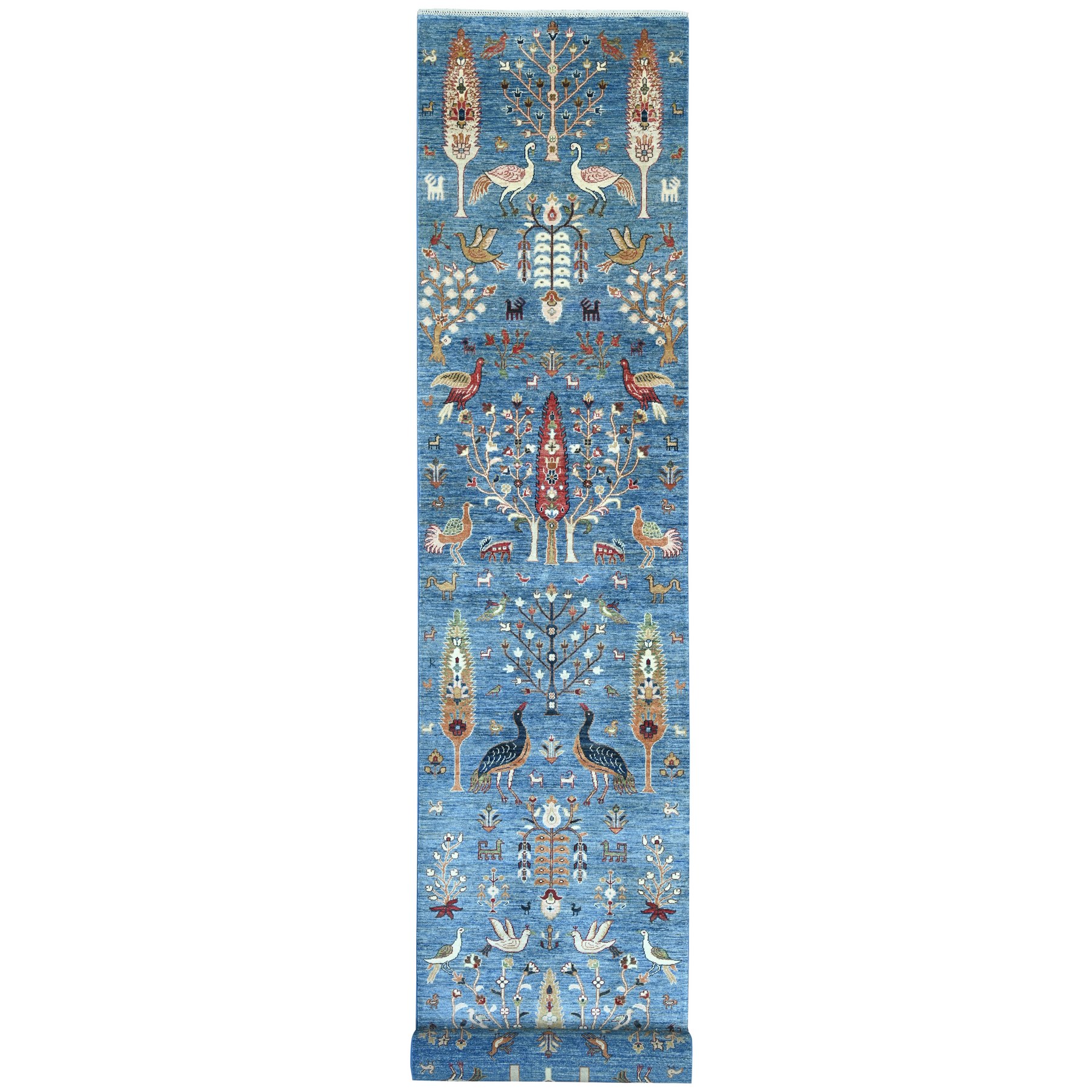 3'2"x22'6" Marlin Blue, Birds of Paradise Design with Cypress Trees, Hand Knotted, High Mountain Wool, Soft Pile, Vegetable Dyes, Densely Woven, XL Runner, Oriental Rug 